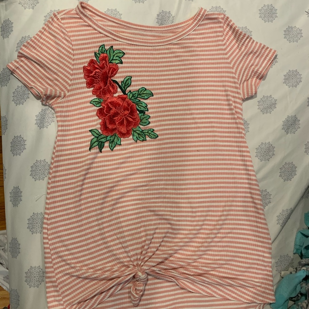 Pink and white t shirt with a rose embroidery